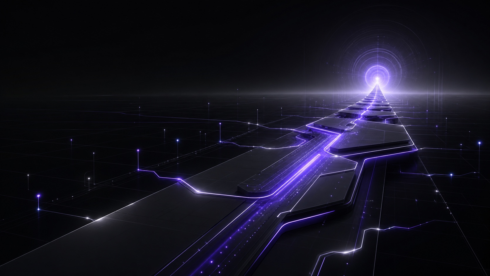 A luminous strategic pathway connecting business systems to a long-term intelligence horizon